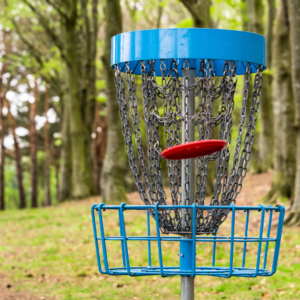 Disc Golf Basket with frisbee in flight